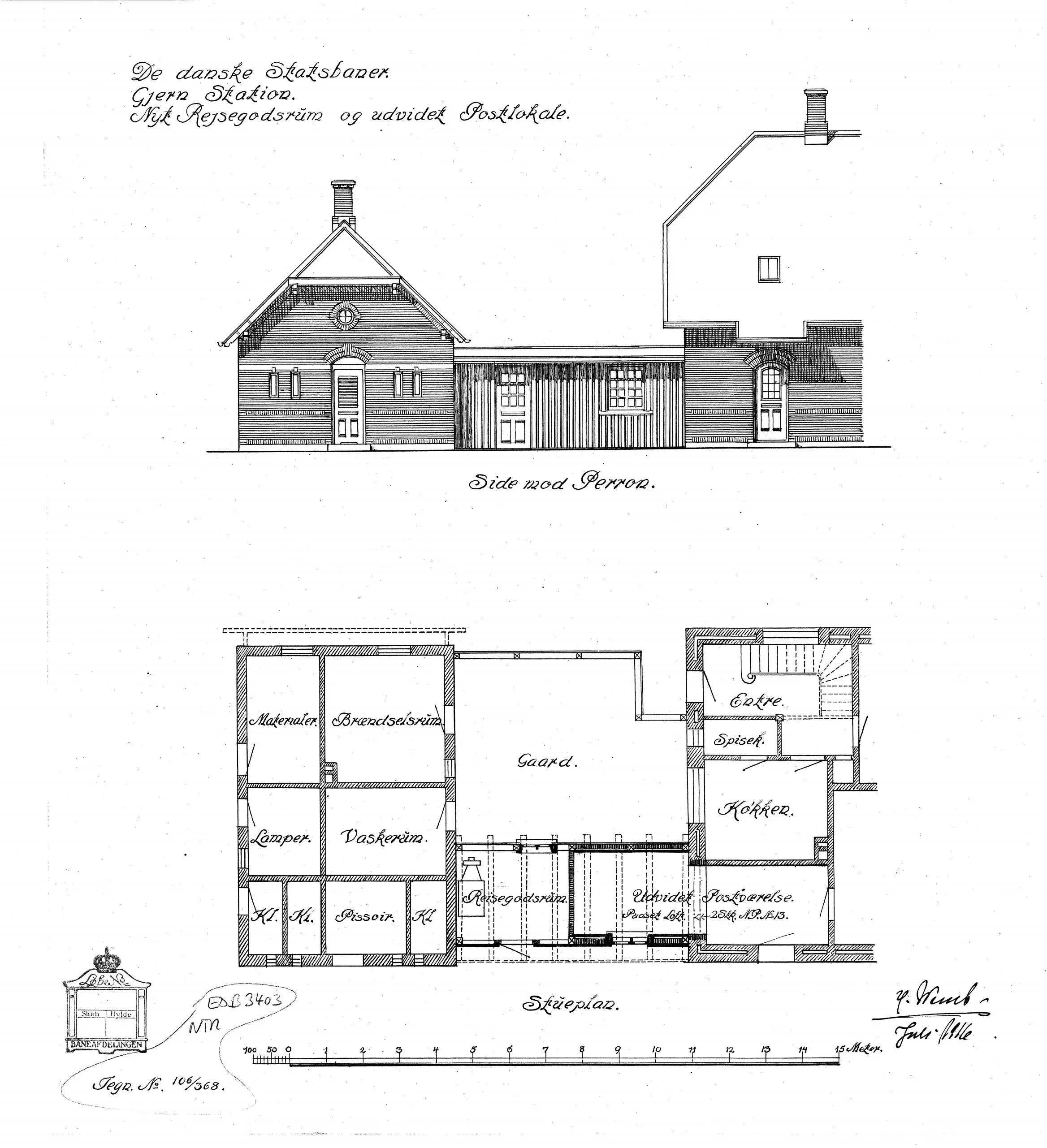 Tegning af Gjern Station - Nyt rejsegodsrum og udvidet postlokale. Tegning af Gjern Station - Nyt rejsegodsrum og udvidet postlokale.