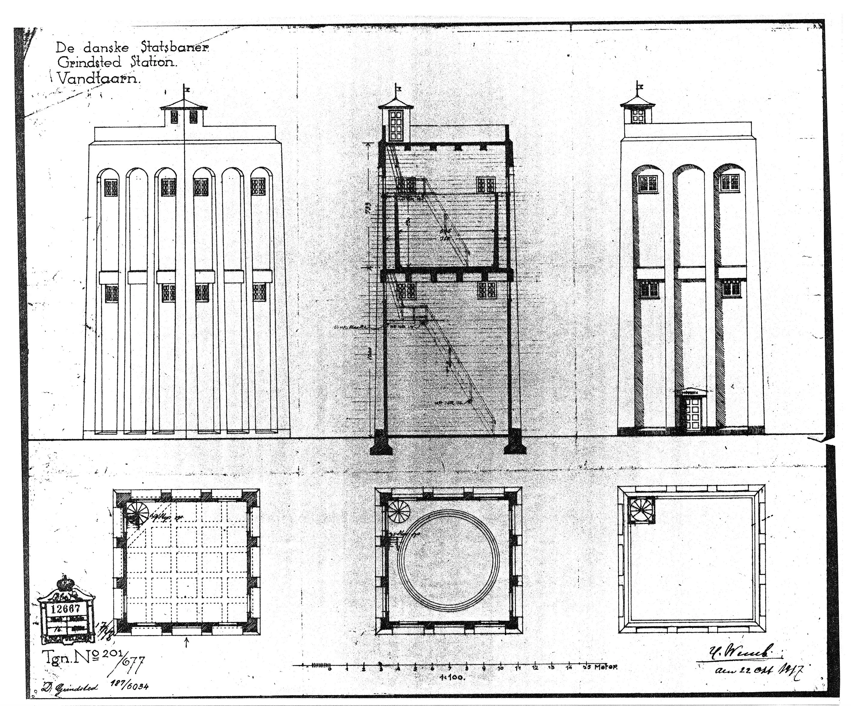 Tegning af Grindsted Stations vandtårn.
