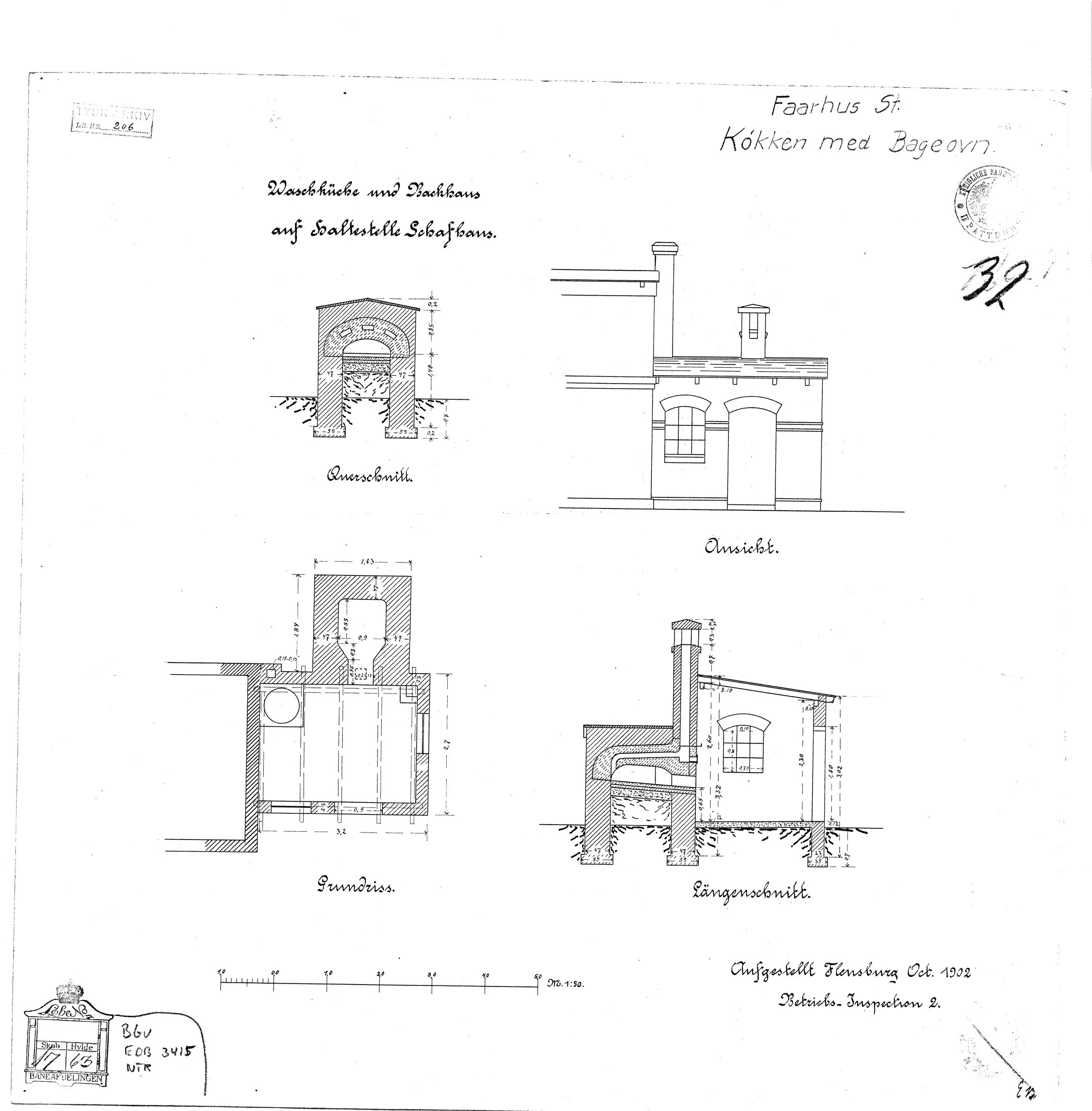Tegning af Vaskehus med bageovn ved Fårhus Station. Tegning af Vaskehus med bageovn ved Fårhus Station.