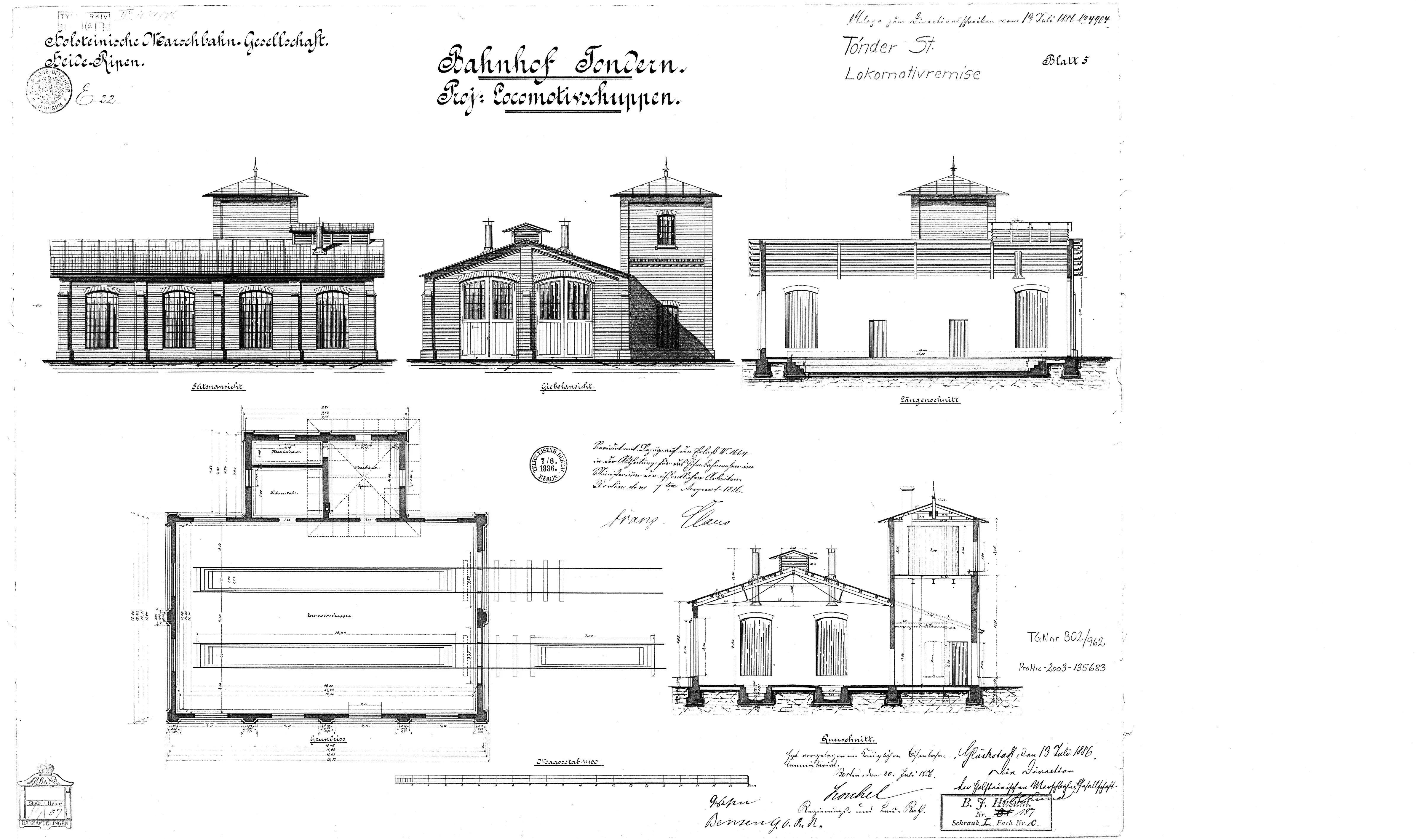 Tegning af Tønder Marskbanegårds remise. Tegning af Tønder Marskbanegårds remise.