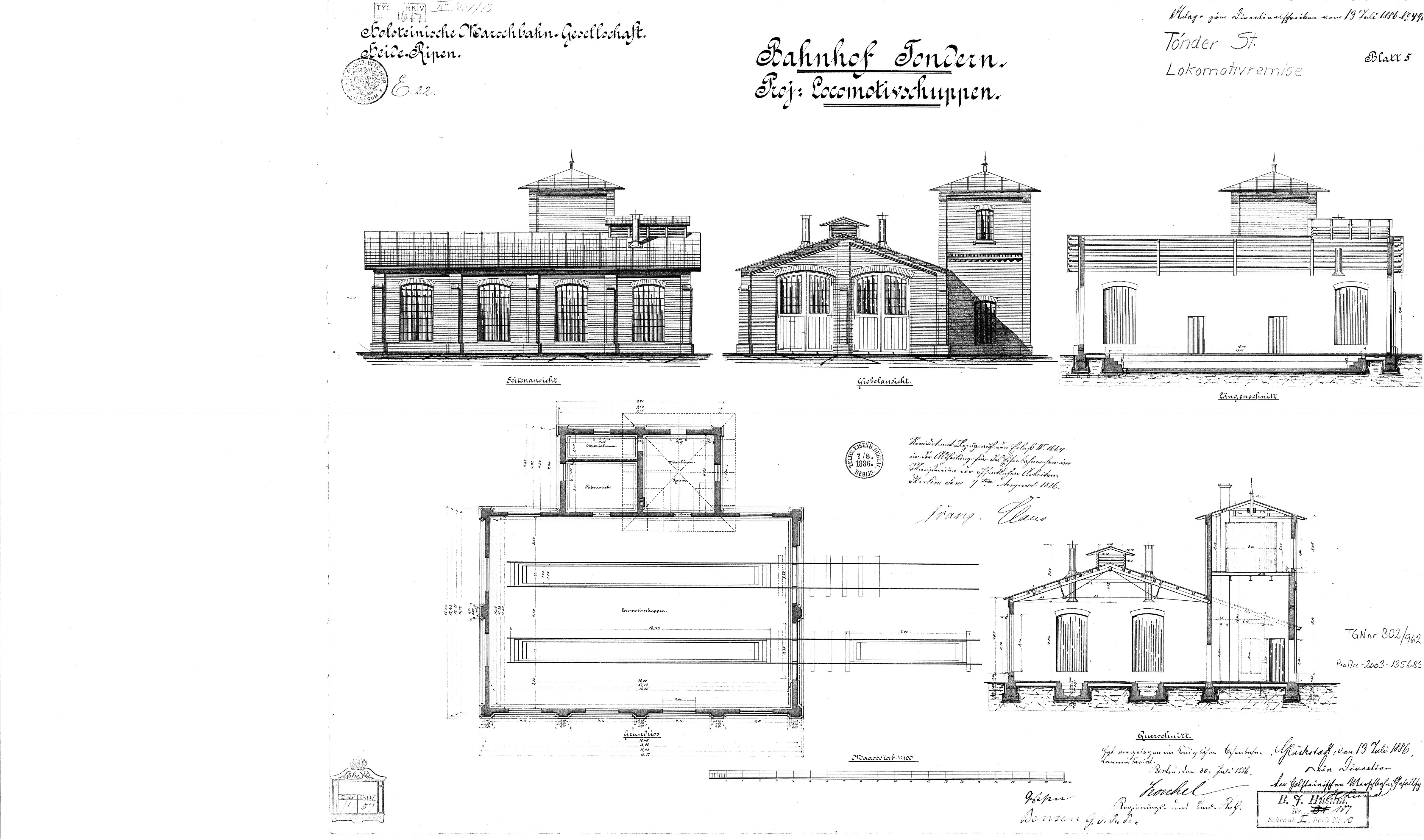 Tegning af Tønder Marskbanegårds remise. Tegning af Tønder Marskbanegårds remise.