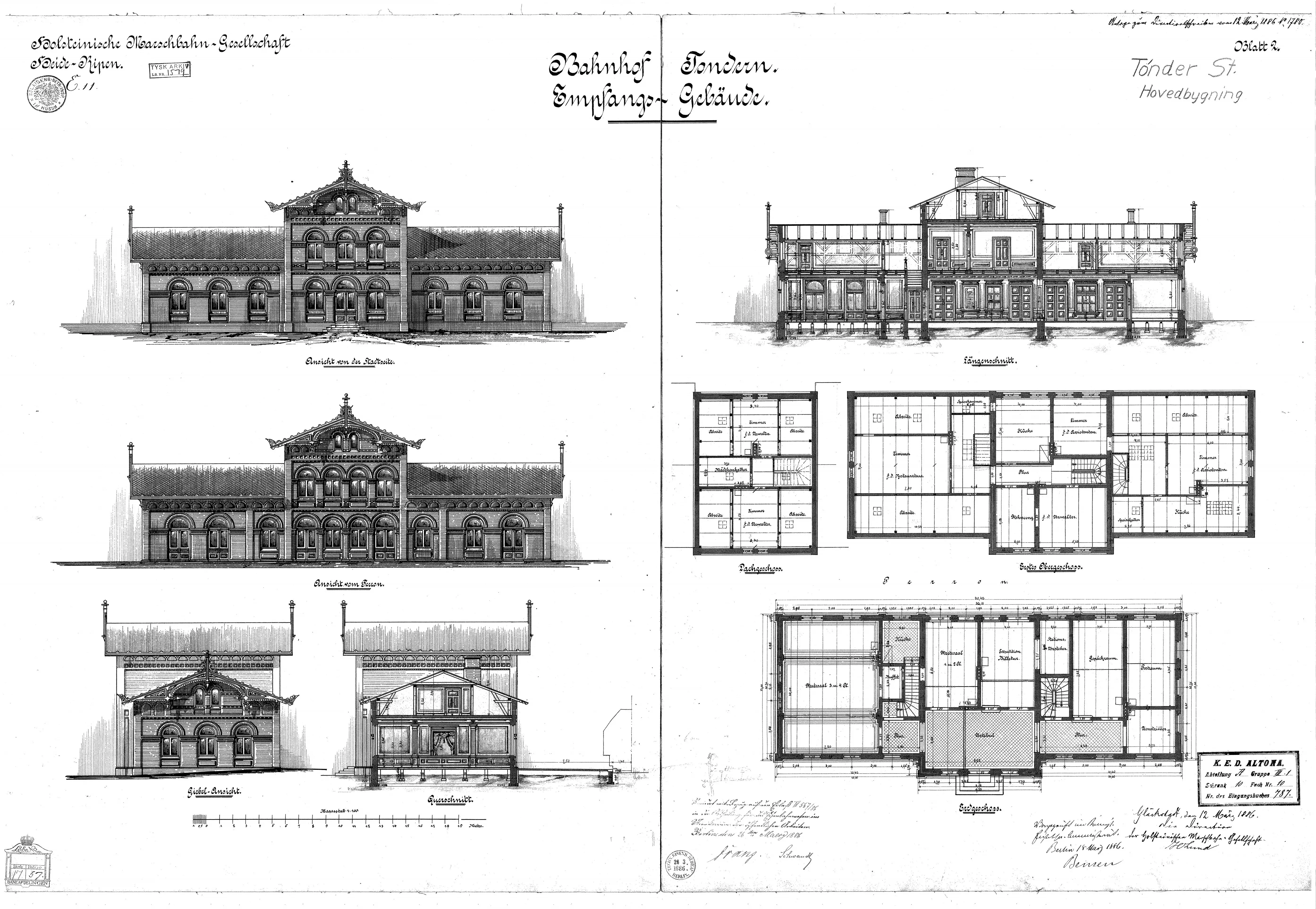 Tegning af Tønder Marskbanegård. Tegning af Tønder Marskbanegård.