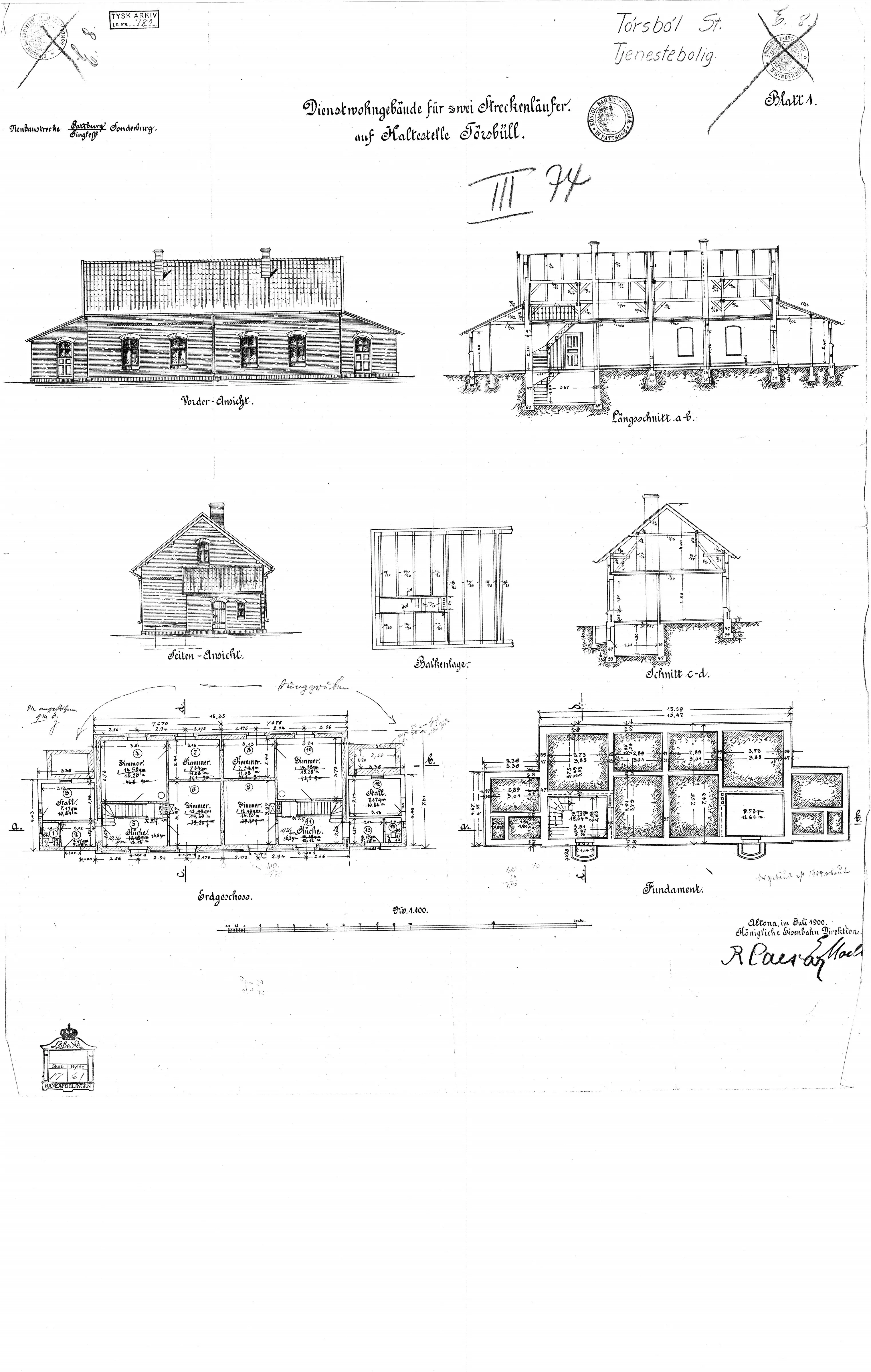 Tegning af Tjenestebolig for to banevogtere ved Tørsbøl Station. Tegning af Tjenestebolig for to banevogtere ved Tørsbøl Station.