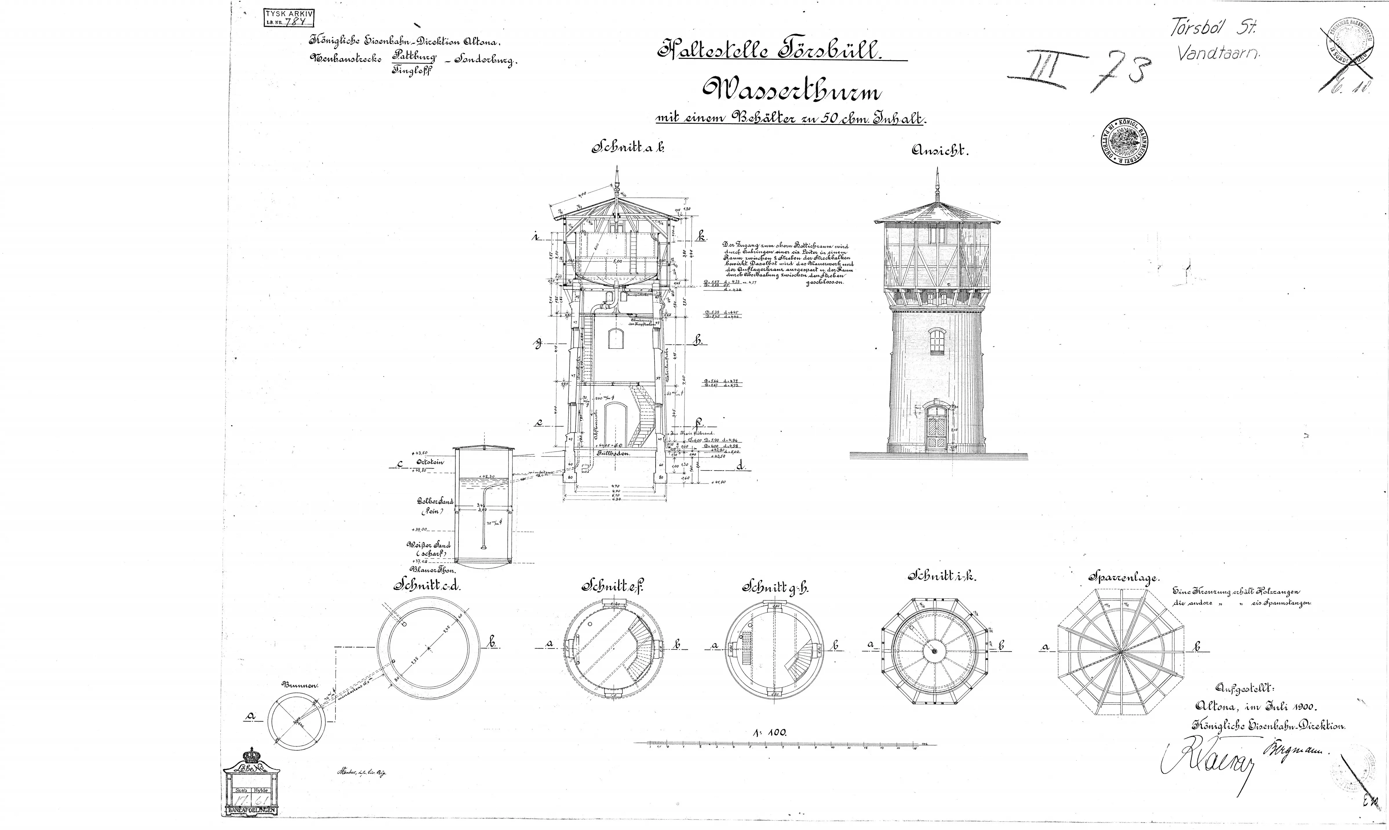 Tegning af Tørsbøl Stations vandtårn. Tegning af Tørsbøl Stations vandtårn.