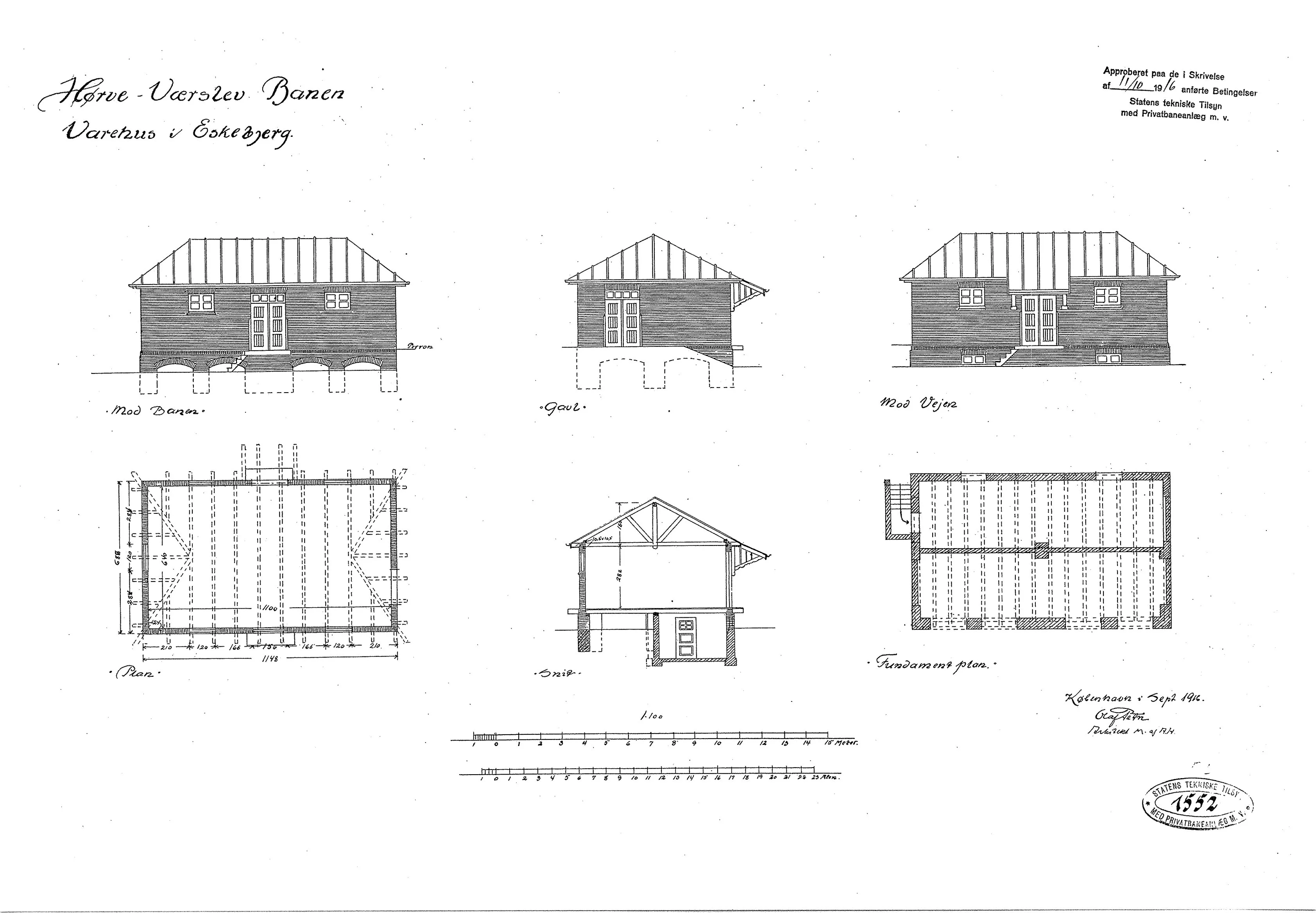 Tegning af Eskebjerg Stations varehus. Tegning af Eskebjerg Stations varehus.