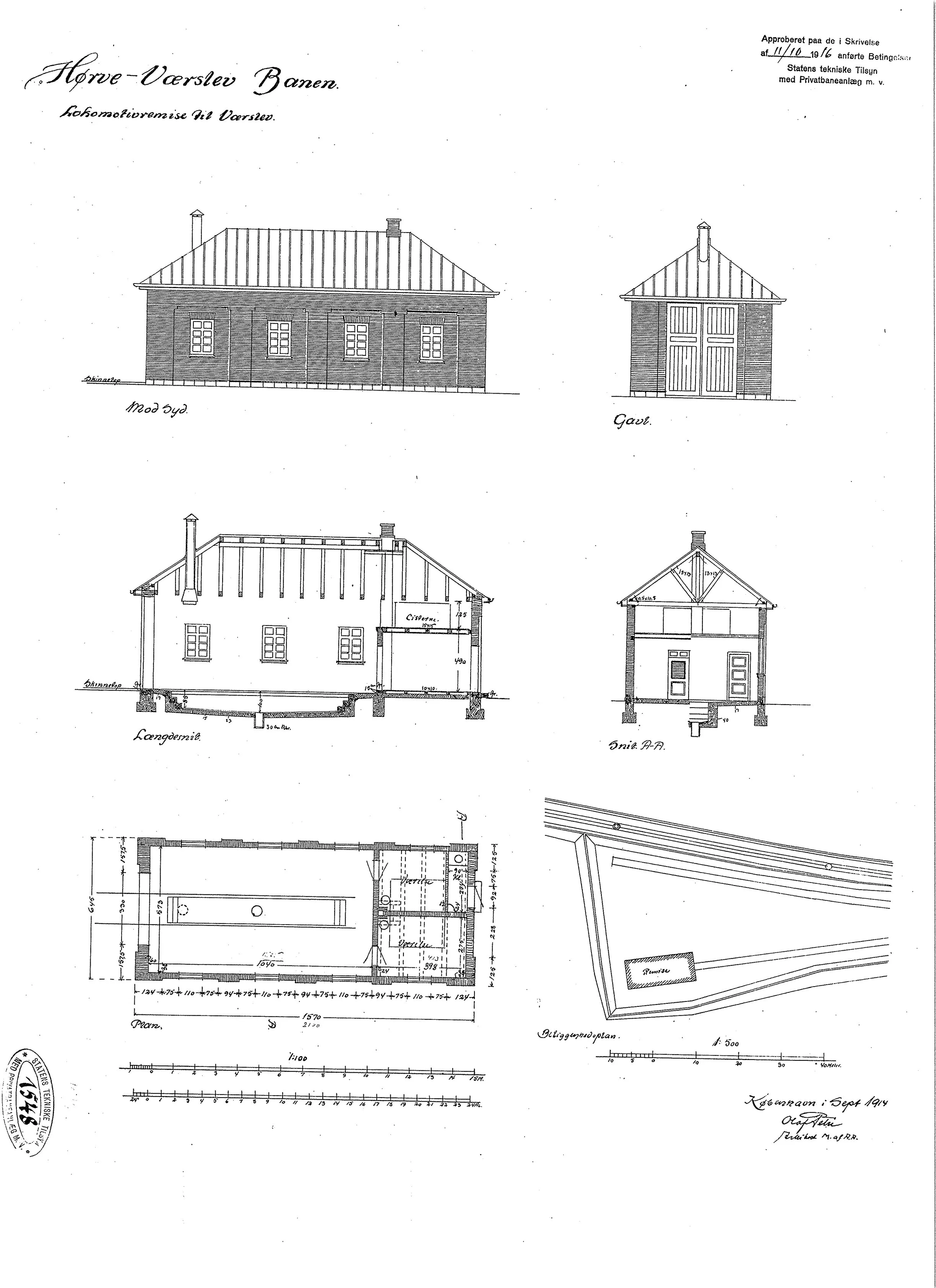 Tegning af Værslev Stations remise.