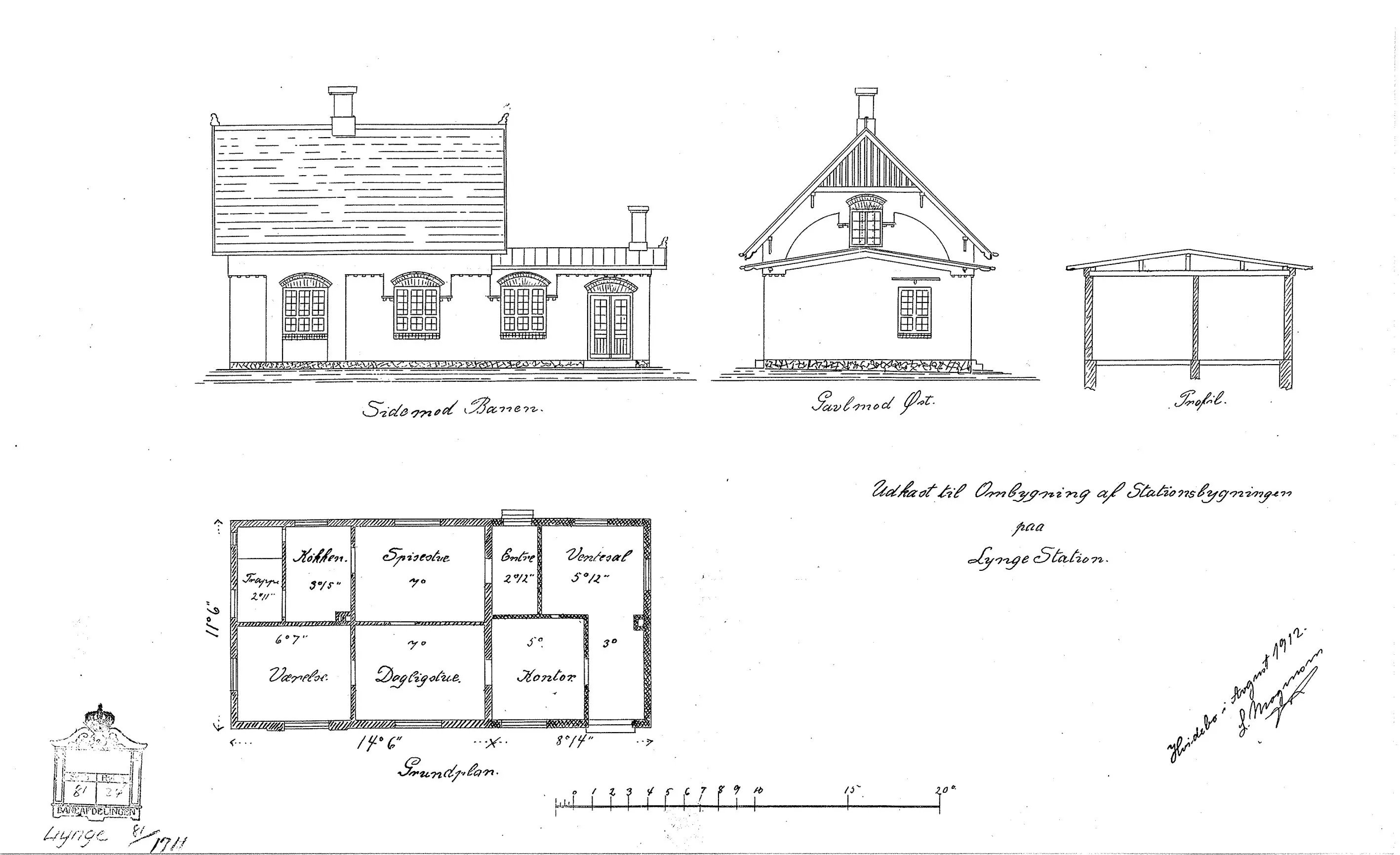 Tegning af Lynge Station - Udkast til ombygning af stationsbygningen. Tegning af Lynge Station - Udkast til ombygning af stationsbygningen.
