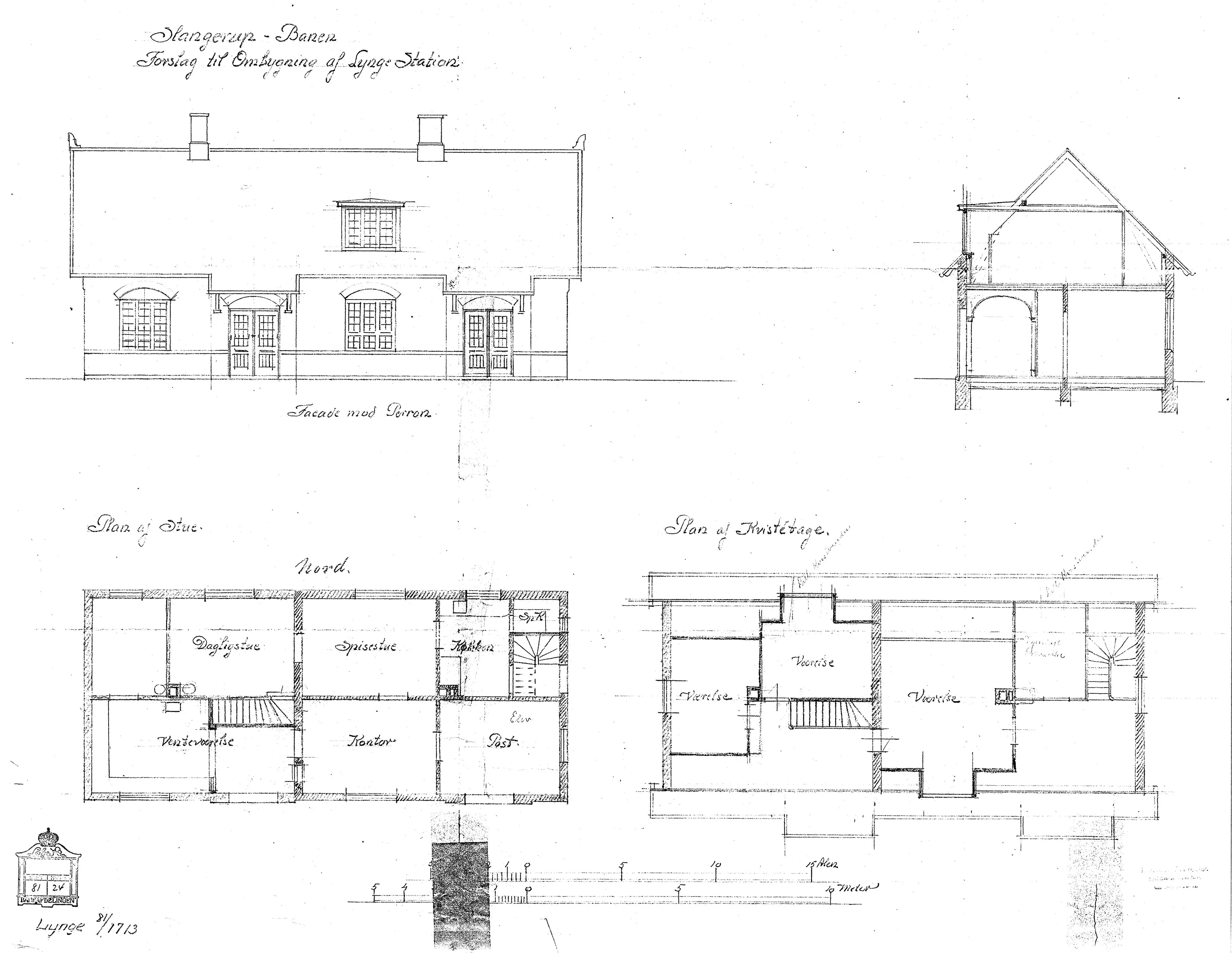 Tegning af Lynge Station - Forslag til ombygning af stationsbygningen. Tegning af Lynge Station - Forslag til ombygning af stationsbygningen.