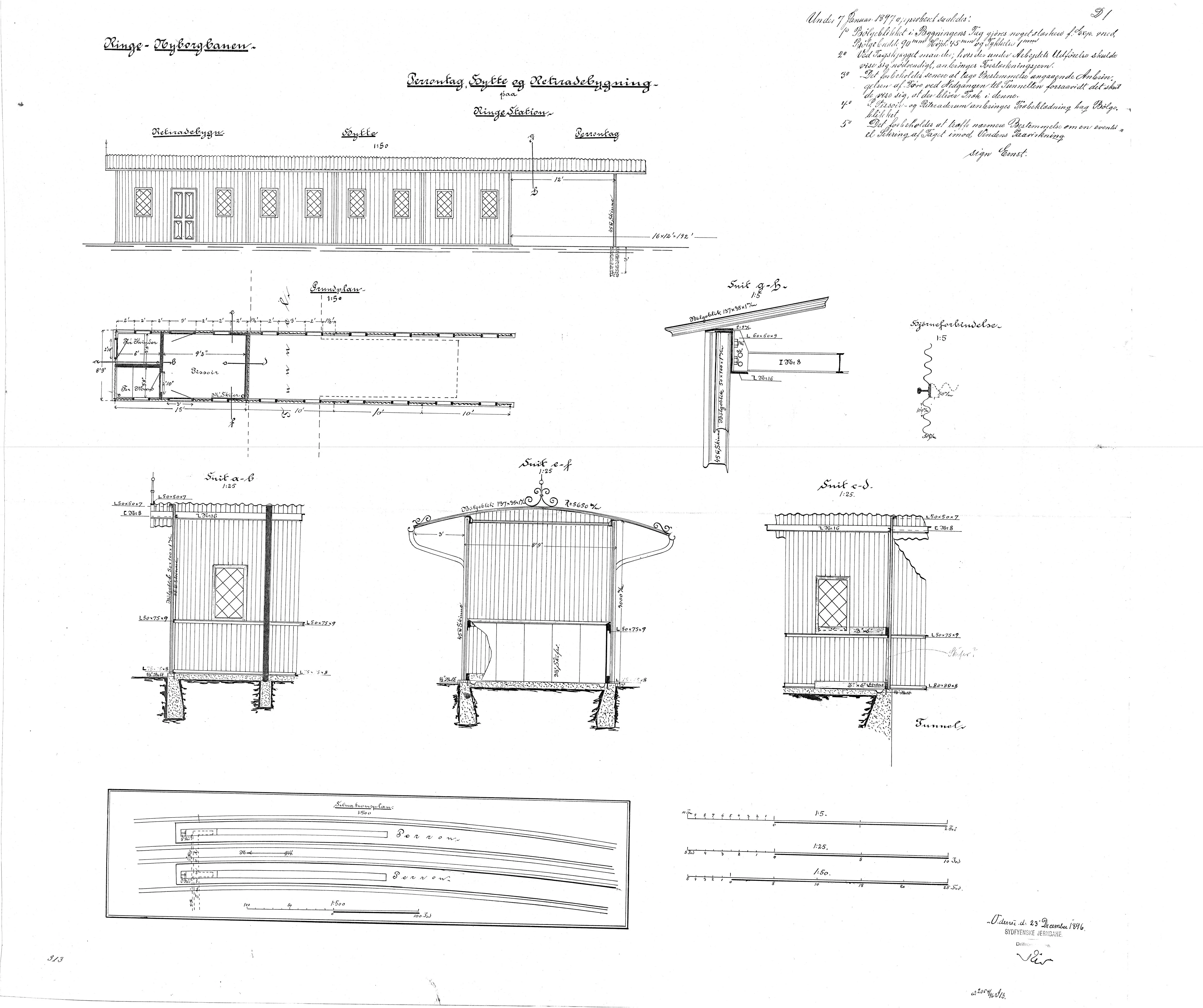 Tegning af  Perrontag, hytte og retiradebygning ved Ringe Station.