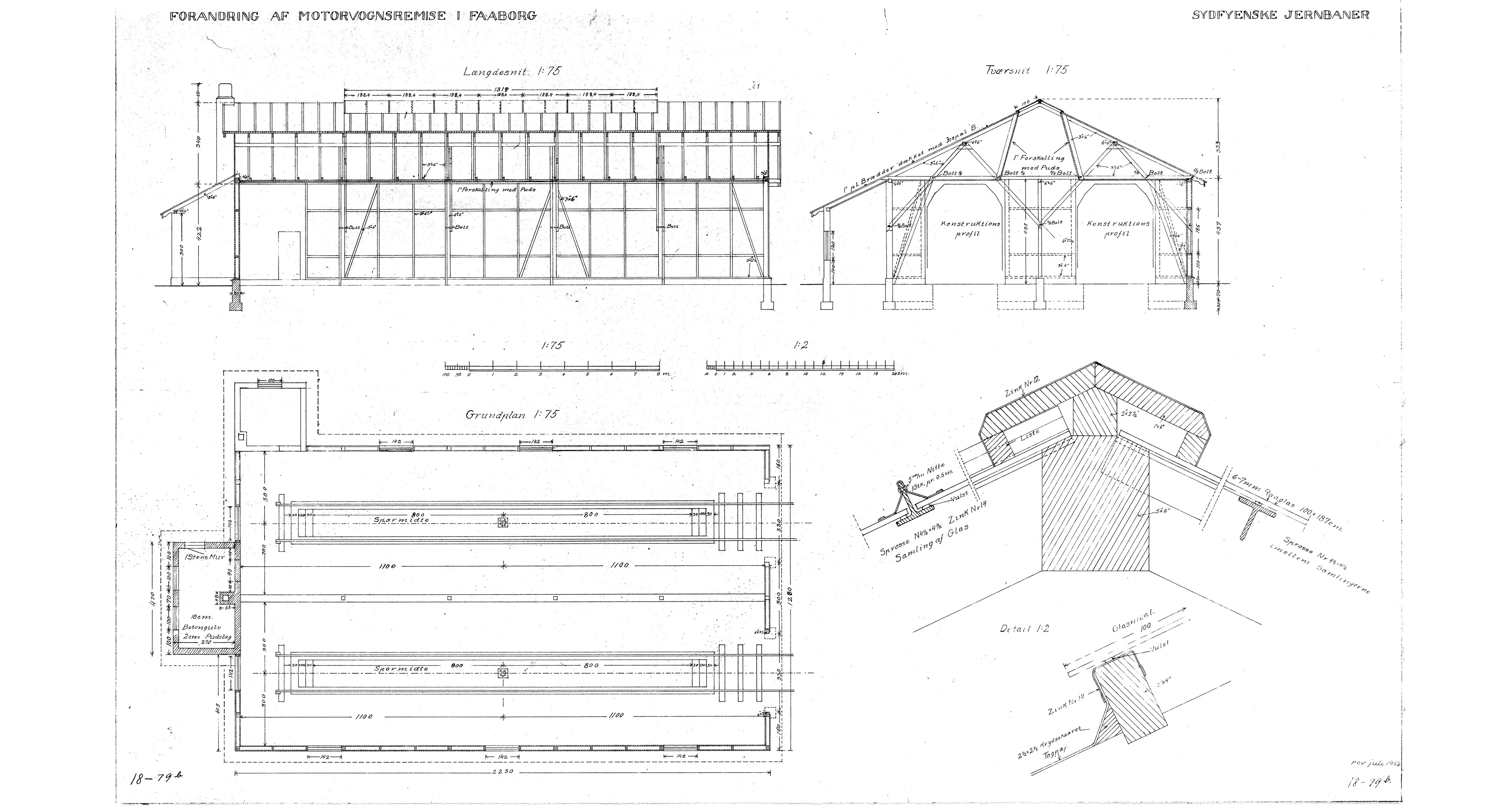Tegning af forandring af motorvognsremise ved Faaborg Station. Tegning af forandring af motorvognsremise ved Faaborg Station.