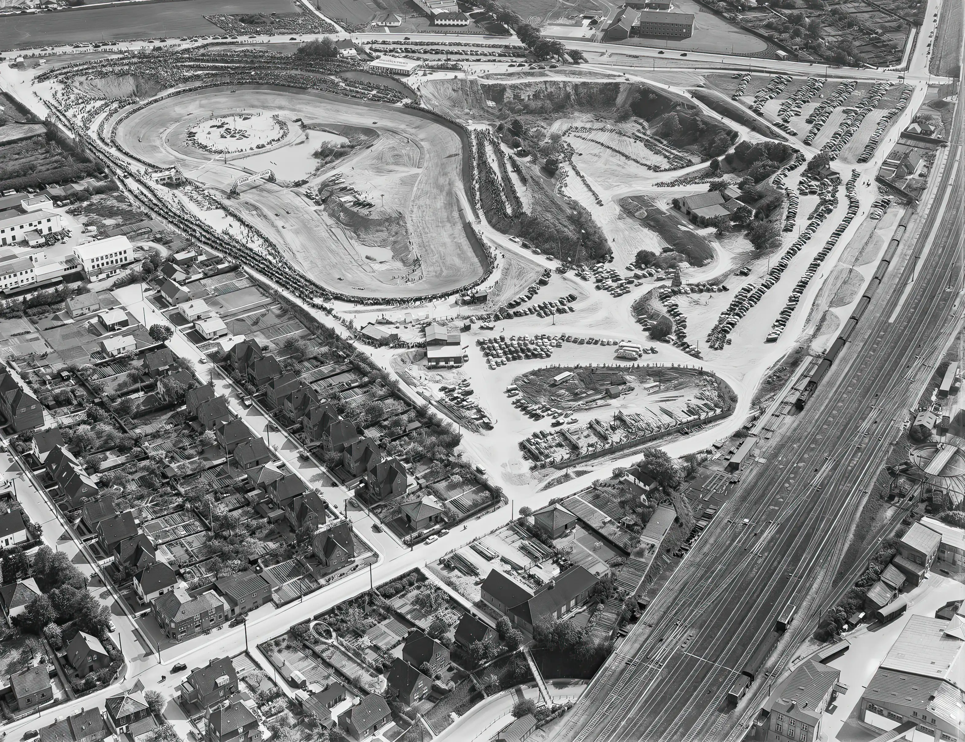 Billede af Københavnertoget, som holder ved Roskilde Ring Trinbræt (øverst til højre i billedet) og afventer motorløbet bliver færdig.<br>Billedet er taget umiddelbart før asfaltering og udvidelse af banen. Billede af Københavnertoget, som holder ved Roskilde Ring Trinbræt (øverst til højre i billedet) og afventer motorløbet bliver færdig.<br>Billedet er taget umiddelbart før asfaltering og udvidelse af banen.