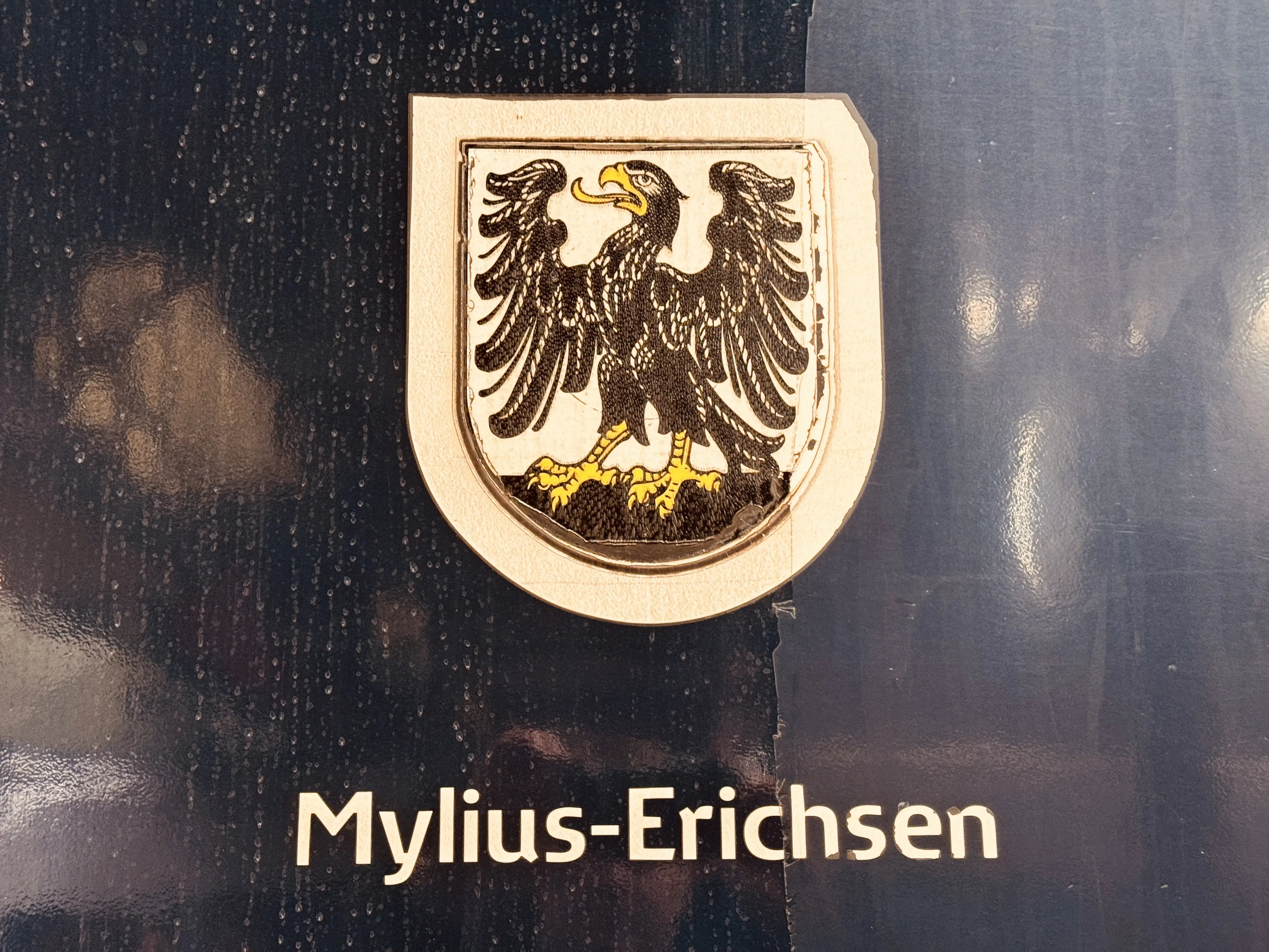 Billede af Ringkøbings byvåben og navngivet "Mylius-Erichsen" på siden af DSB MF 5011 fotograferet ud for København Hovedbanegård.