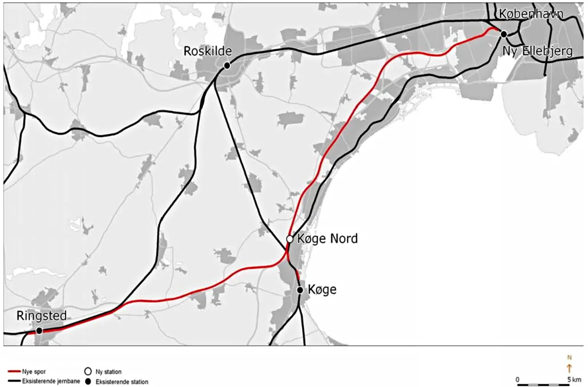 Billede der tilknytter sig jernbaneloven: LOV nr. 527 af 26/05/2010. Bilag 1 - Jernbanens linjeføring og placeringen af stationen ved Køge Nord Billede der tilknytter sig jernbaneloven: LOV nr. 527 af 26/05/2010. Bilag 1 - Jernbanens linjeføring og placeringen af stationen ved Køge Nord