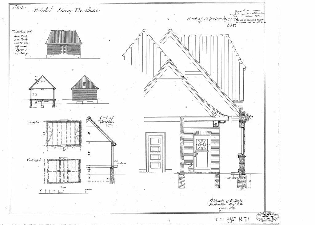 Tegning af Nørre Bork Stations varehus og snit af stationsbygning Sign.: A. Preisler og E. Ambt.
